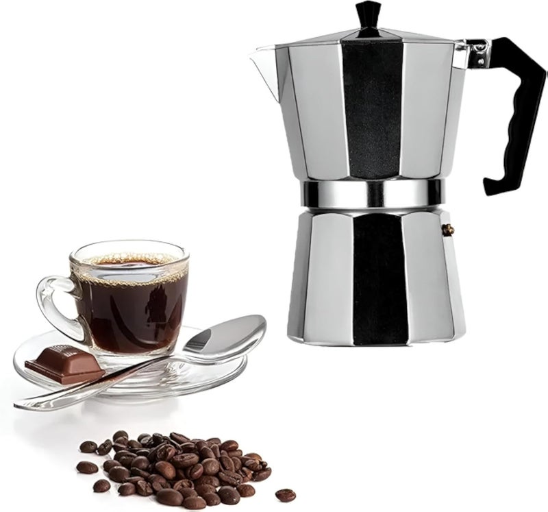 إبريق الإسبريسو - هذا الجهاز سهل الاستخدام على الموقد يجعل تحضير الإسبريسو اليومي سريعًا وبدون عناء، حيث ينتج ستة أكواب من رائحة قوية وشرابية بأقل جهد وتنظيف.